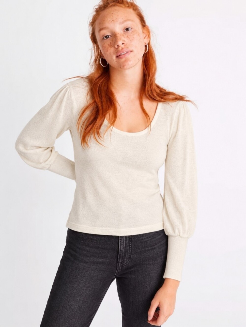❤️ NWT! MADEWELL PUFF SLEEVE SCOOP NECK SWEATER TOP, IVORY, MEDIUM